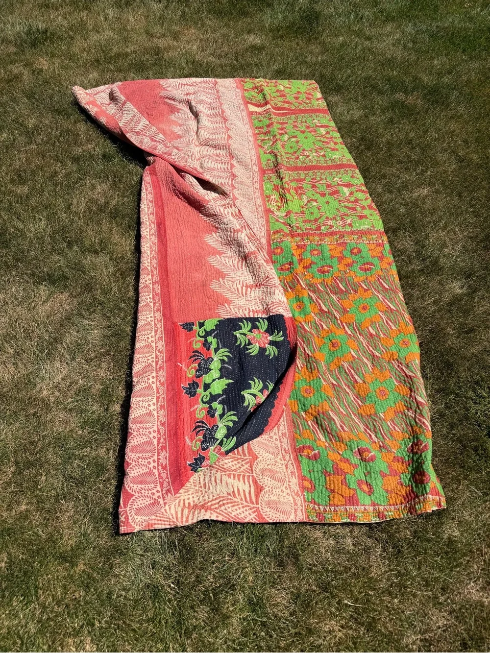 Colorful Vintage Kantha Quilt Throw - Coral, Green, Navy